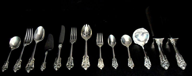 Wallace Grande Baroque Sterling Flatware Set: Wallace Grande Baroque Sterling Flatware Dinner Size Set. 76 Pcs. Measures, 12 dinner knives - 9 3/4", 12 dinner forks - 8", 12 salad forks - 6 1/2", 12 cream soup - 6", 18 tea spoons - 6", 1 flat but