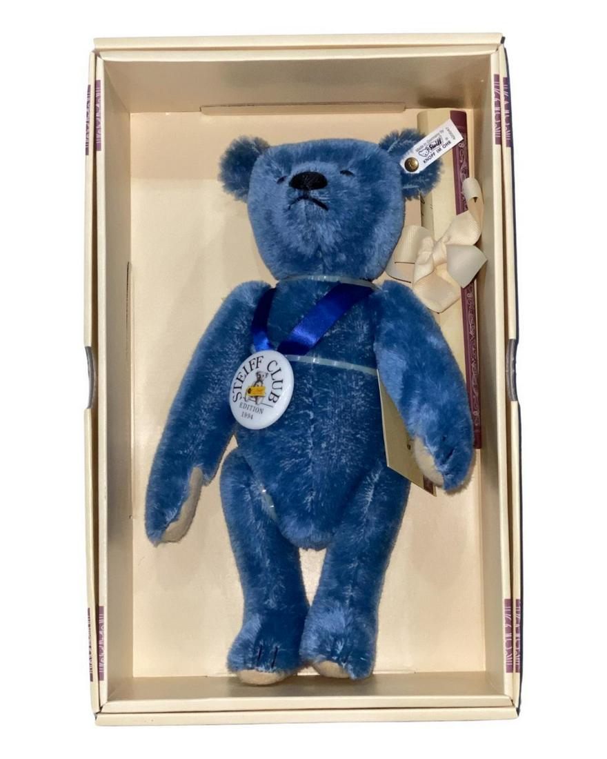 Steiff Teddy Bear Blue 1908 1994/95 with Certificate of Authenticity: Steiff Teddy Bear Blue 1908 1994/95 with Certificate of Authenticity measures L: 12"