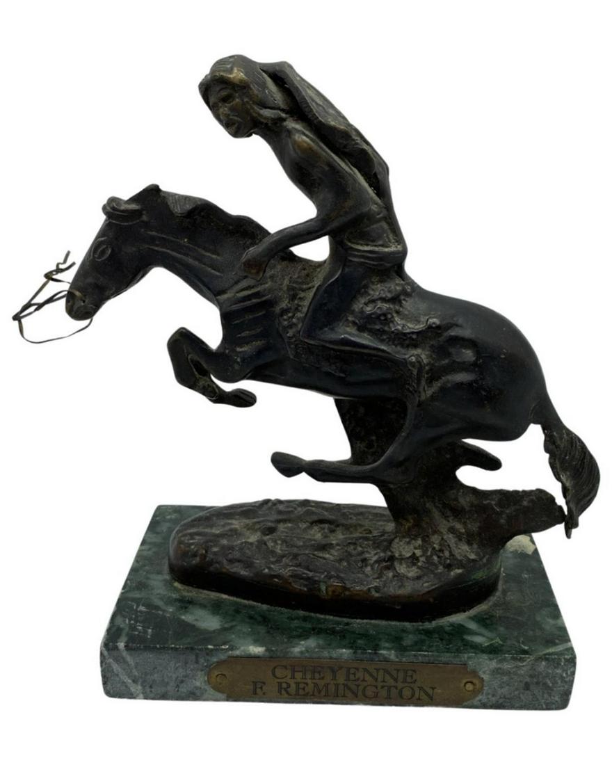 After Frederic Remington Bronze on Marble Base Cheyenne Sculpture: After Frederic Remington Bronze on Marble Base Cheyenne Sculpture measures H: 8"