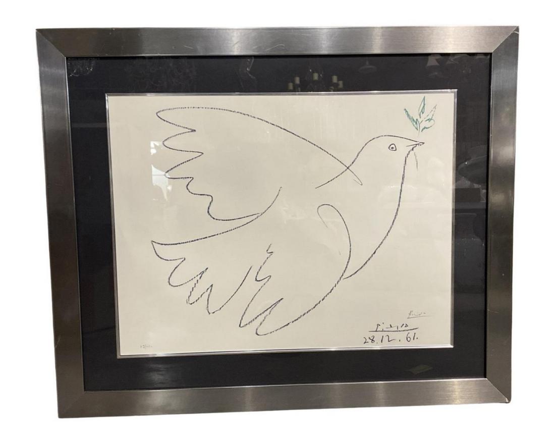 Signed Pablo Picasso (Spanish, 1881-1973) Lithograph in Color Dove of Peace 1961: Signed Pablo Picasso (Spanish, 1881-1973) Lithograph in Color Dove of Peace 1961. Signed and dated 28/12/61, lower right, numbered 79/250, measures H: 19" x W: 25", 4" frame and matte