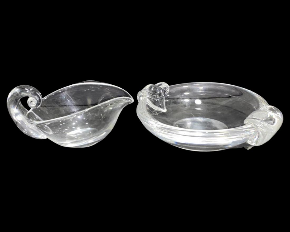 Pair of Steuben Glass Ashtray and Gravy: Pair of Steuben Glass Ashtray and Gravy. Tray measures DIA: 9 1/2" and Gravy measures 3 1/2" x 7"
