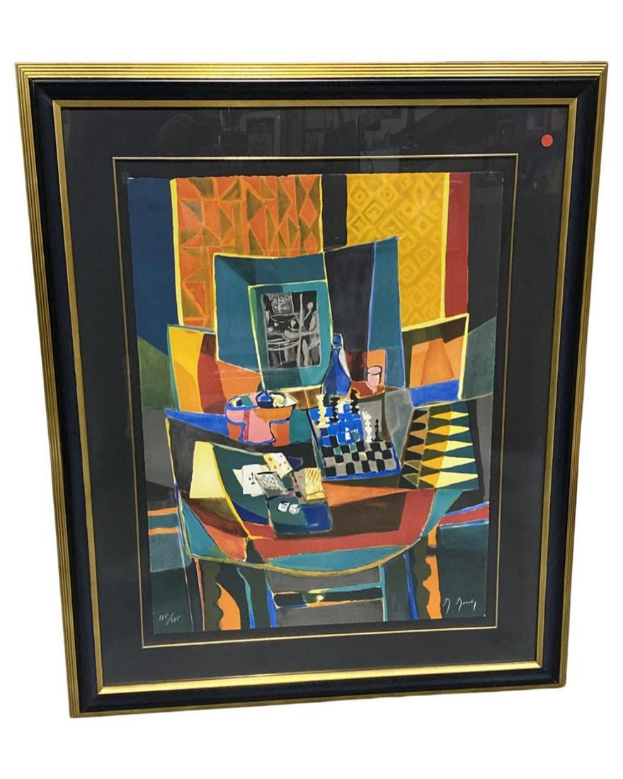 Signed Marcel Mouly (French, 1918-2008) Lithograph in Color on Arches Paper La Table de Jeaux Aux: Signed Marcel Mouly (French, 1918-2008) Lithograph in Color on Arches Paper La Table de Jeaux Aux Des 1994. Signed in white pencil, numbered from the regular edition 125/275, measures H: 31" x W: 24",