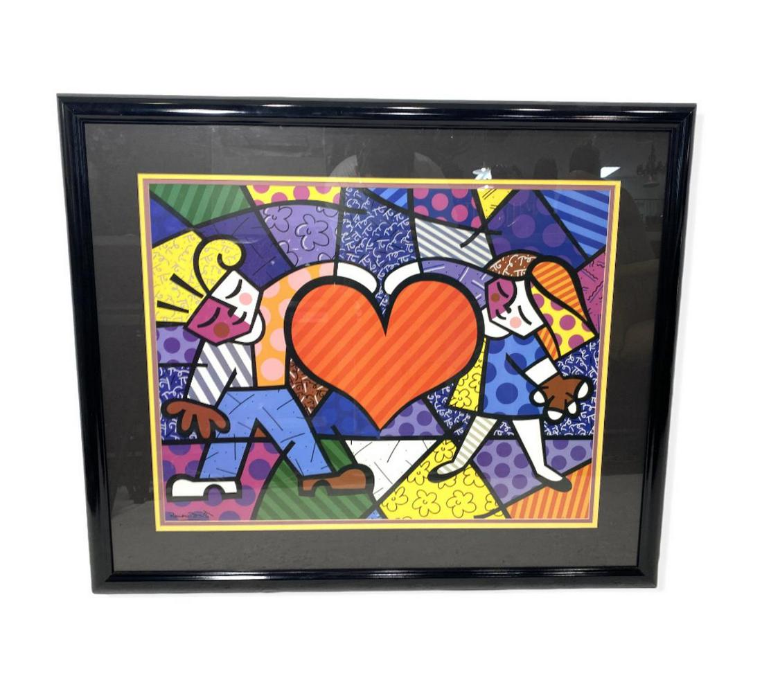Signed Romero Britto (Brazilian b. 1963) Print in Color Heart Kids: Romero Britto (Brazilian b. 1963) Print in Color Heart Kids Signed lower right measures Height: 21" x Width: 27", 4 1/2" frame and matte