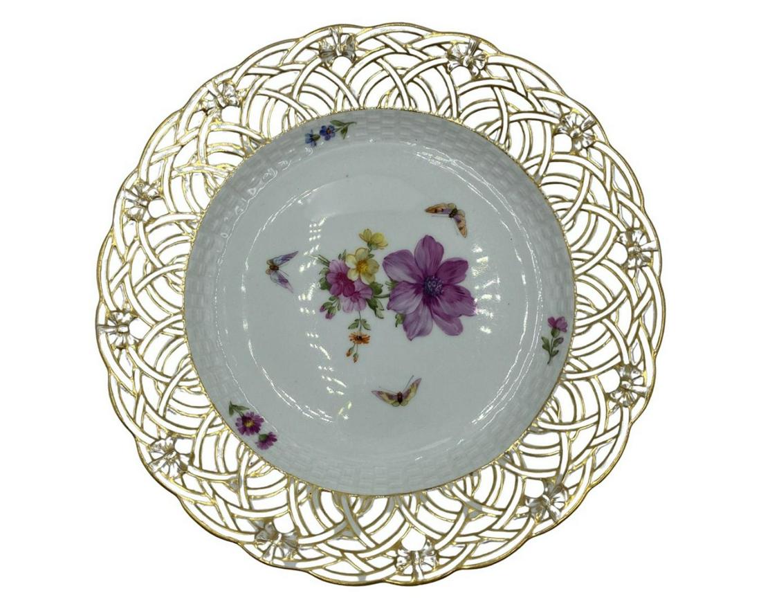 KPM Hand Painted Porcelain Flower and Butterfly Decorated Reticulated Plate: KPM Hand Painted Porcelain Flower and Butterfly Decorated Reticulated Plate measures DIA: 9"