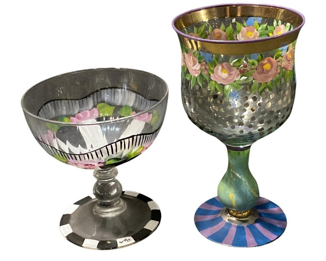 Pair of Mackenzie Childs Hand Painted Wine and Champagne Glasses: Pair of Mackenzie Childs Hand Painted Wine and Champagne Glasses. Wine measures H: 6 3/4" and Champagne H: 4 5/8"