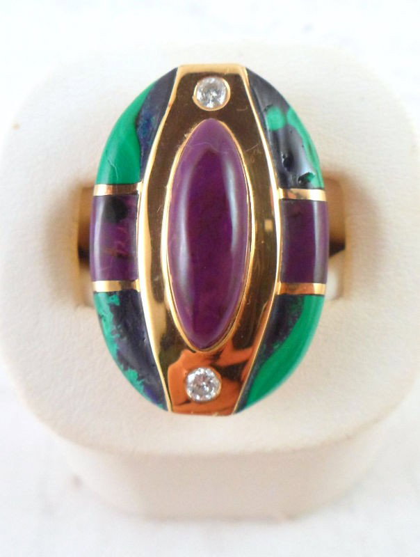 Designer 14 Kt. Y.G. Azurmalachite & Sugilite Ring: Designer 14 Kt. Y.G. Cabochon azurmalachite & sugilite ring. Weighs 10.9dwt. Ring artist signed under mounting. Size 7 1/2. Shipping within the continental US is $25 plus Required insurance. For inter