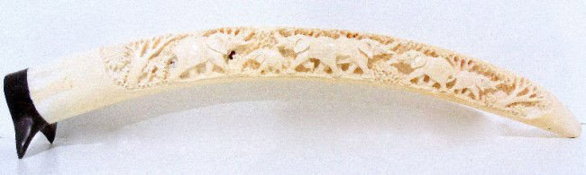 African Ivory Carved Tusk: African ivory carved tusk. The pieces features carvings of elephants. There is a wood base fastened onto the end of the tusk. Measures 16 1/2"L. Shipping within the continental US is $35 plus required