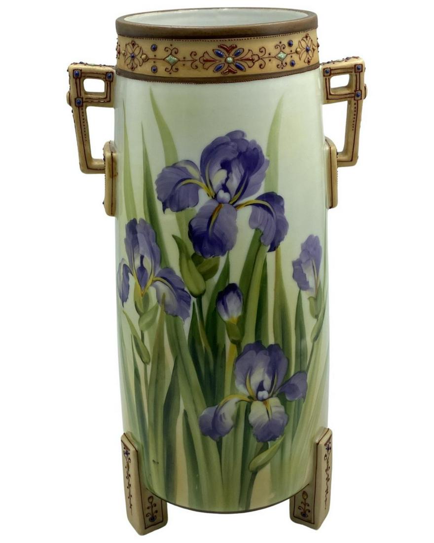 Nippon Hand Painted  Blue Iris Porcelain Two Handled Vase (1 of 3)