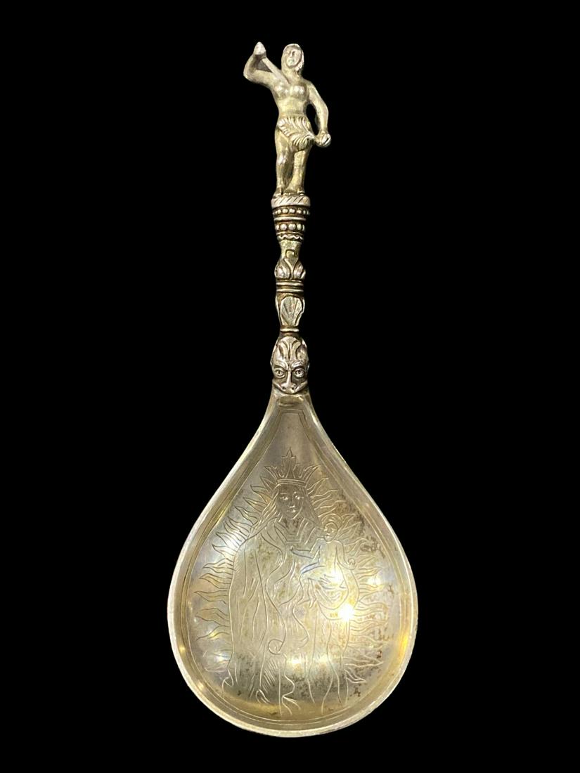 Early Silver Russian Religious Spoon with Christ on the Cross and Mary with Child (1 of 2)