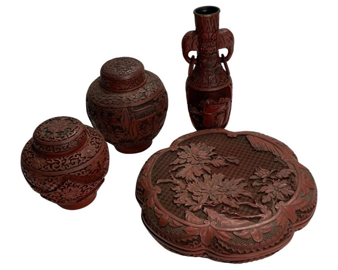 Lot of Four Chinese Carved Cinnabar Vase, Bowl & Ginger (1 of 2)