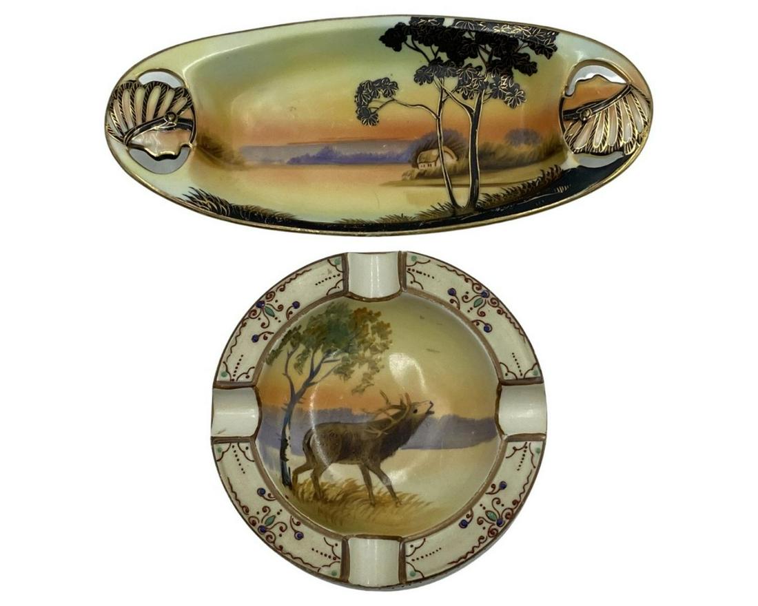 Pair of Nippon Hand Painted Porcelain Ashtrays: Pair of Nippon Hand Painted Porcelain Ashtrays. Largest measures 8 3/4" x 3 1/2"
