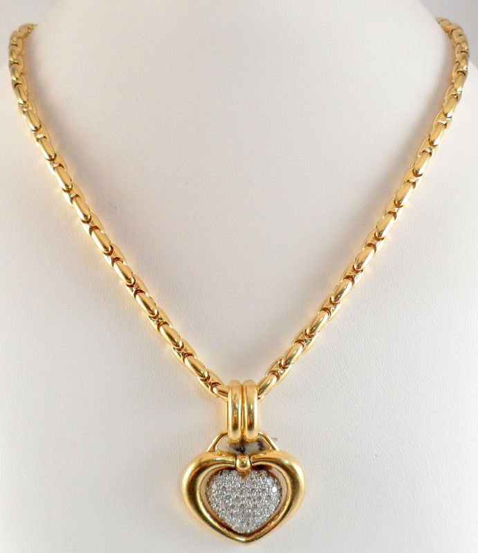 Chimento 18Kt. Y.G. Diamond Necklace: Chimento 18Kt. Yellow gold diamond covered two-tiered heart necklace. This necklace contains a total of approx 3.00Cts in round diamonds having a overall VS clarity & in near colorless range. Necklace