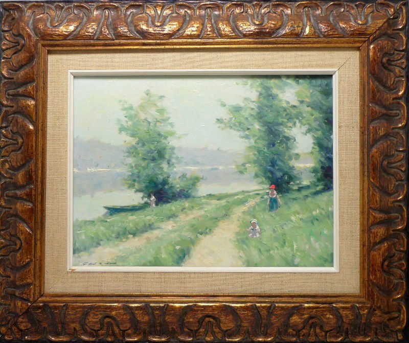 Andre Gisson Landscape with Figures: Andre Gisson landscape with three figures. Oil on Canvas. The work depicts a beautiful verdant landscape; two figures walk along a grassy path, while a thirds figure stands off to the left. One figure