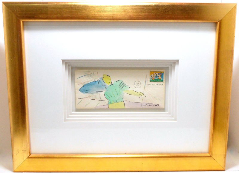 Peter Max First Day of Issue Envelope: Peter Max first day of issue envelope. The work has a stunning pastel watercolor on an envelope. Created for "Preserve the Environment." Signed and dated 1985. Measures 9"L X 4 1/2"H, frame measures 6