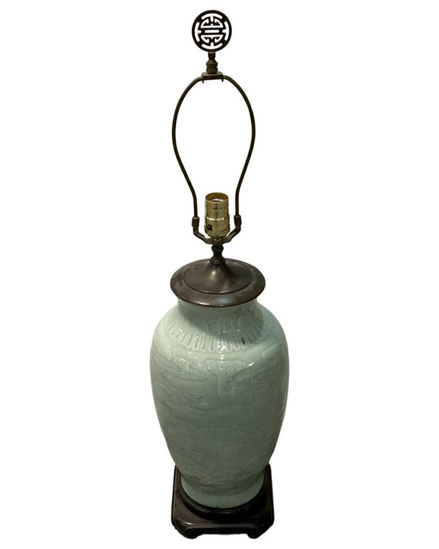 Chinese Monochrome Celadon Glaze Porcelain Vase Table Lamp (1 of 2)