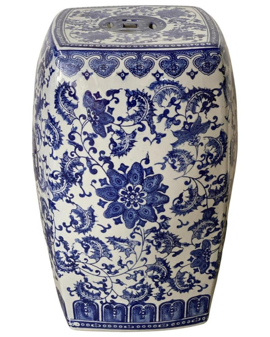 Chinese White and Blue Porcelain Garden Stool: Chinese White and Blue Porcelain Garden Stool measures 19" x 10" x 10"
