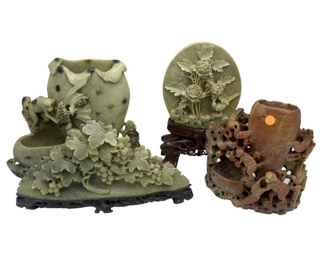 Lot of Chinese Hand Carved Soapstone Plaque and Vases (1 of 3)