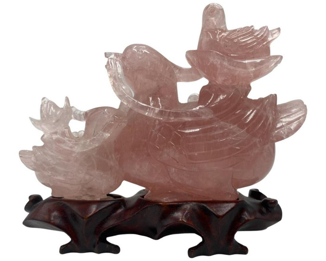 Chinese Hand Carved Rose Quartz Group Figural on Wood Base (1 of 2)