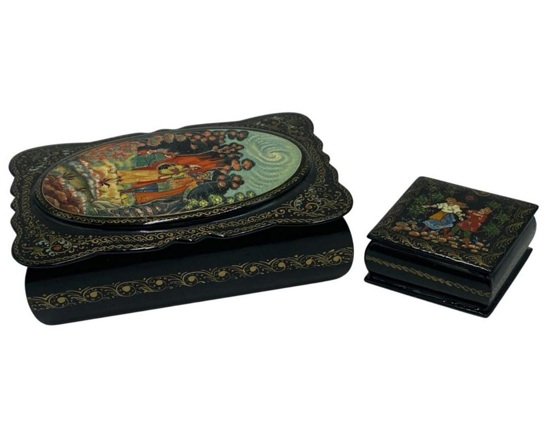 Pair of Russian Hand Painted Black Lacquer Boxes (1 of 2)