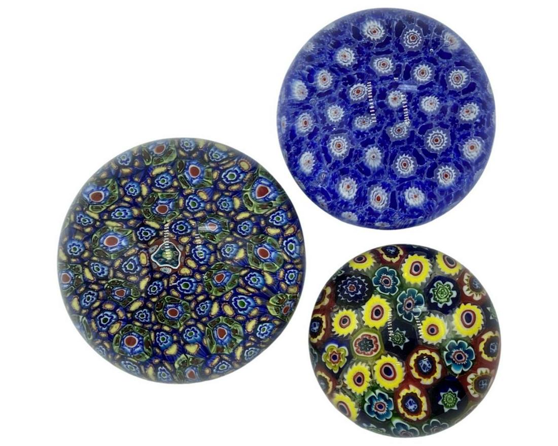 Lot of Three Vintage Murano Art Glass Millefiori Paperweights (1 of 1)