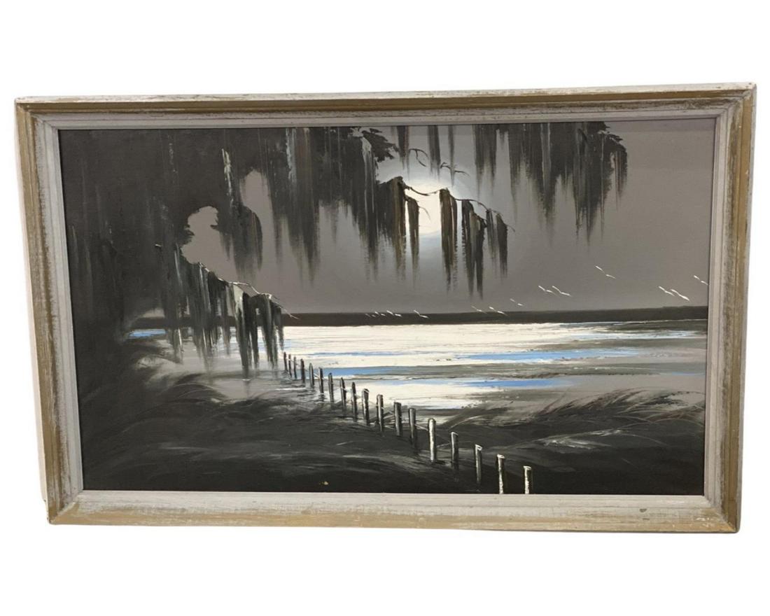 Signed James Gibson 1938-2017) Florida Highwaymen Oil Painting on Upson Board Moonlit River (1 of 3)