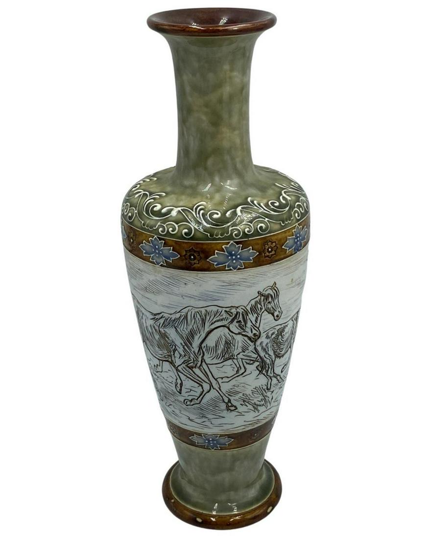 Signed Doulton Lambeth Hannah & Florence Barlow Stoneware Vase Design of Horse & Flower (1 of 3)
