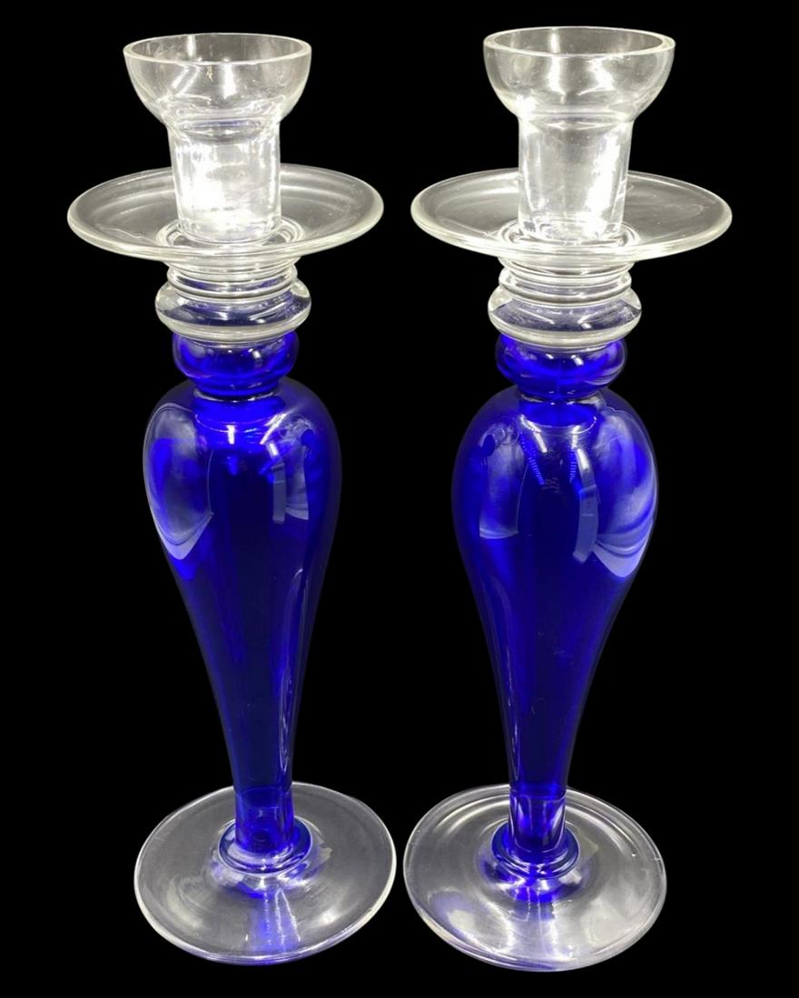 Pair of Cobalt Blue & Clear Glass Candleholders (1 of 2)