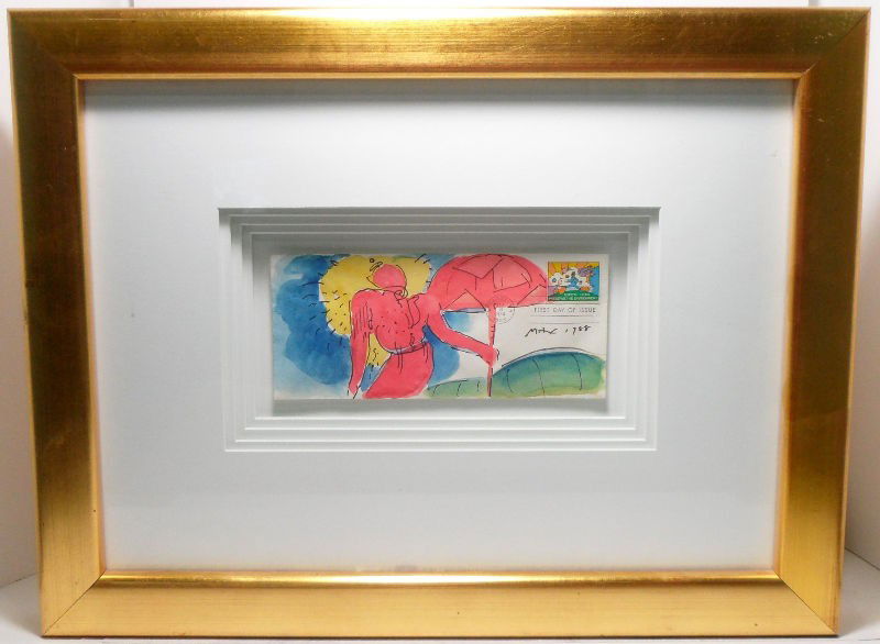 Peter Max First Day of Issue Envelope: Peter Max first day of issue envelope. The work has a stunning pastel watercolor on an envelope. Created for "Preserve the Environment." Signed "Max". Measures 9"L X 4 1/2"H, frame measures 6". Please