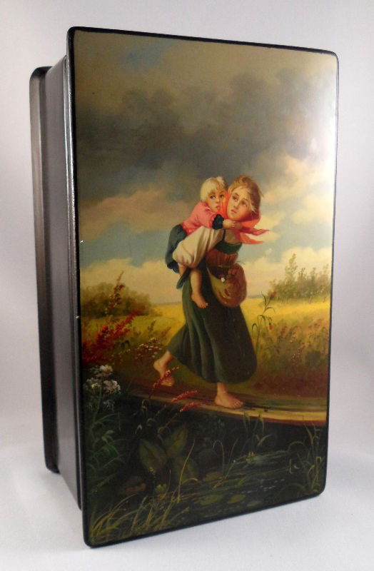Russian Antique Collectable Lacquer Box: Antique Russian collectable lacquer box. Beautiful hand rendered box featuring a bare-footed woman carrying a small child on her back. Measures 3 1/2" X 8 1/2" X 4 1/2". Shipping within the continenta