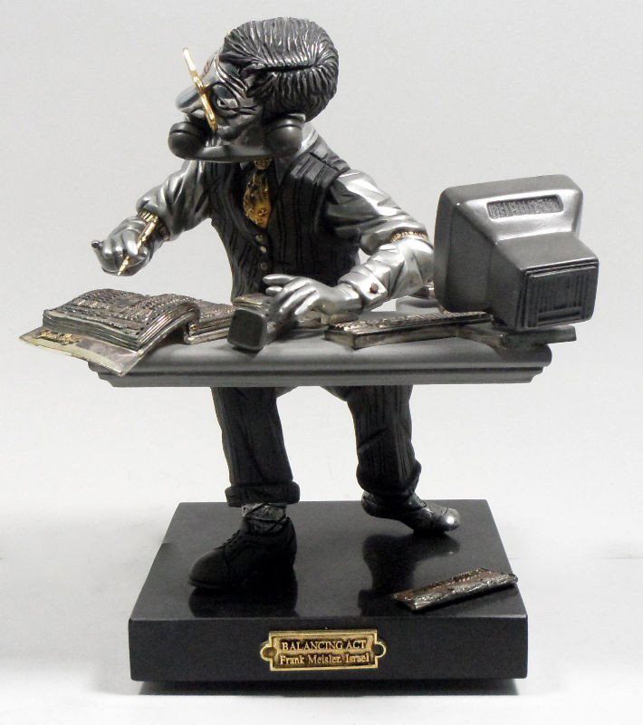 Frank Meisler Sculpture "Balancing Act": Frank Meisler sculpture entitled "Balancing Act." The piece depicts a busy business man as he chats on the phone, works on the computer, and balances his books. The plaque on the attached base reads "
