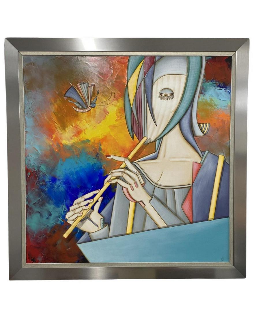 Signed Julio C. Garcia (Mexican b. 1958) Giclee on Canvas Woman with Flute: Signed Julio C. Garcia (Mexican b. 1958) Giclee on Canvas Woman with Flute. Signed lower right, measures H: 47 1/2" x W: 47 1/2", 4" frame