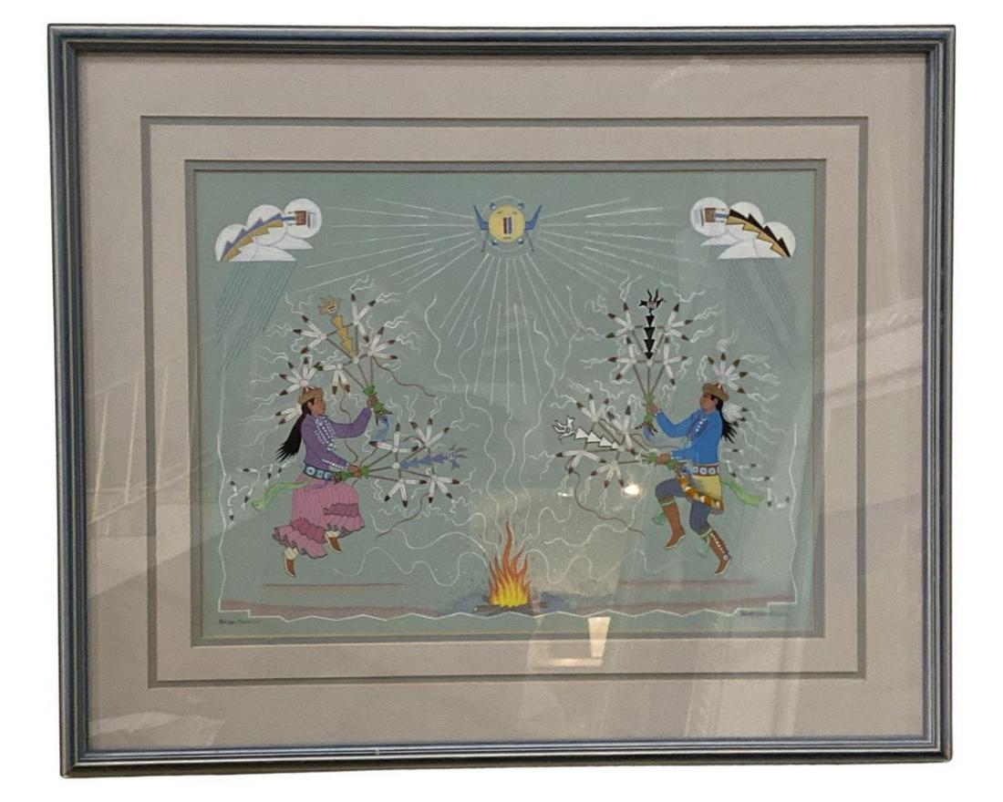 Signed Harrison Begay Haskay Yahne Yah (1914-2012) Watercolor Depicting Two Native Dancers (1 of 2)