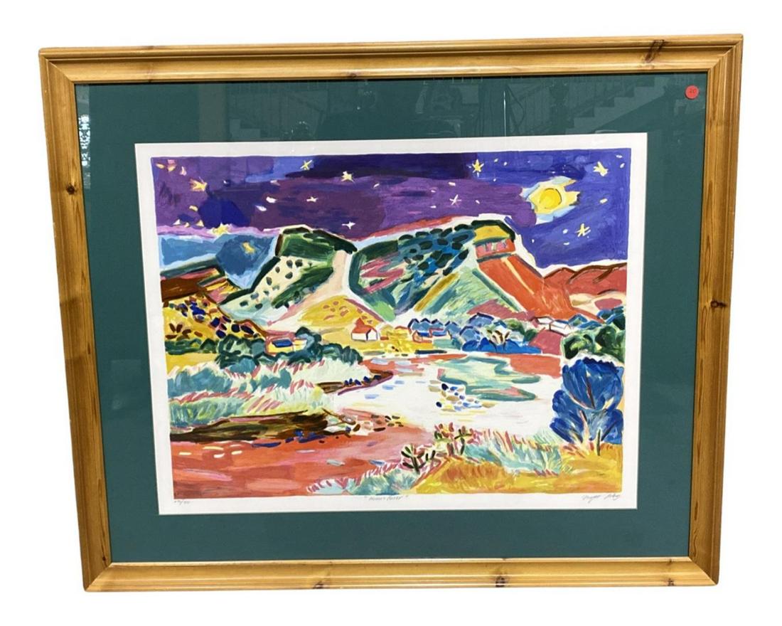 Signed Inger Jirby (American b. 1942) Lithograph in Color Moon and River: Signed Inger Jirby (American b. 1942) Lithograph in Color Moon and River. Signed and numbered 276/300, measures 23" x 30", 5" frame and matte
