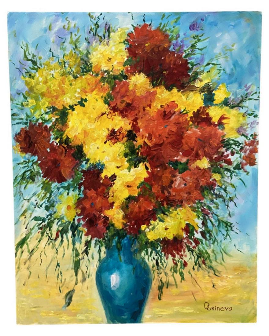 Signed Oksana Grineva 20th Century (Ukrainian/American) Oil Painting on Canvas Still Life Flower in: Signed Oksana Grineva 20th Century (Ukrainian/American) Oil Painting on Canvas Still Life Flower in Vase. Unframed, signed lower right, measures 28" x 22"