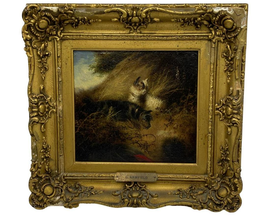 Signed George Armfield (British, 1808-1893) Oil Painting on Board of Two Dogs (1 of 2)