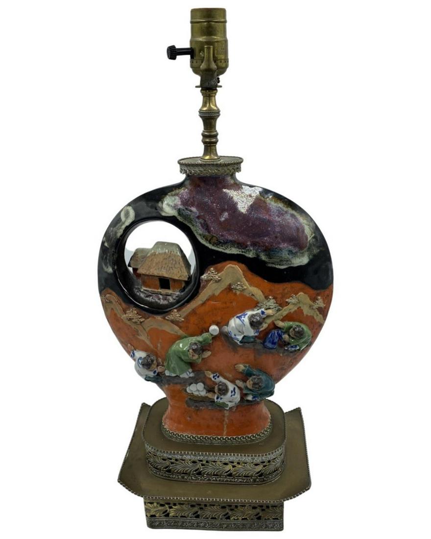 Sumida Gawa Japanese Pottery Table Lamp & Brass Mounted Base (1 of 1)