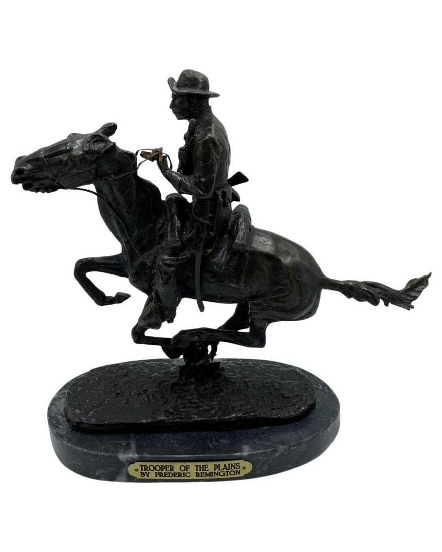 Signed After Frederic Remington Bronze on Marble Sculpture Trooper of the Plains (1 of 2)