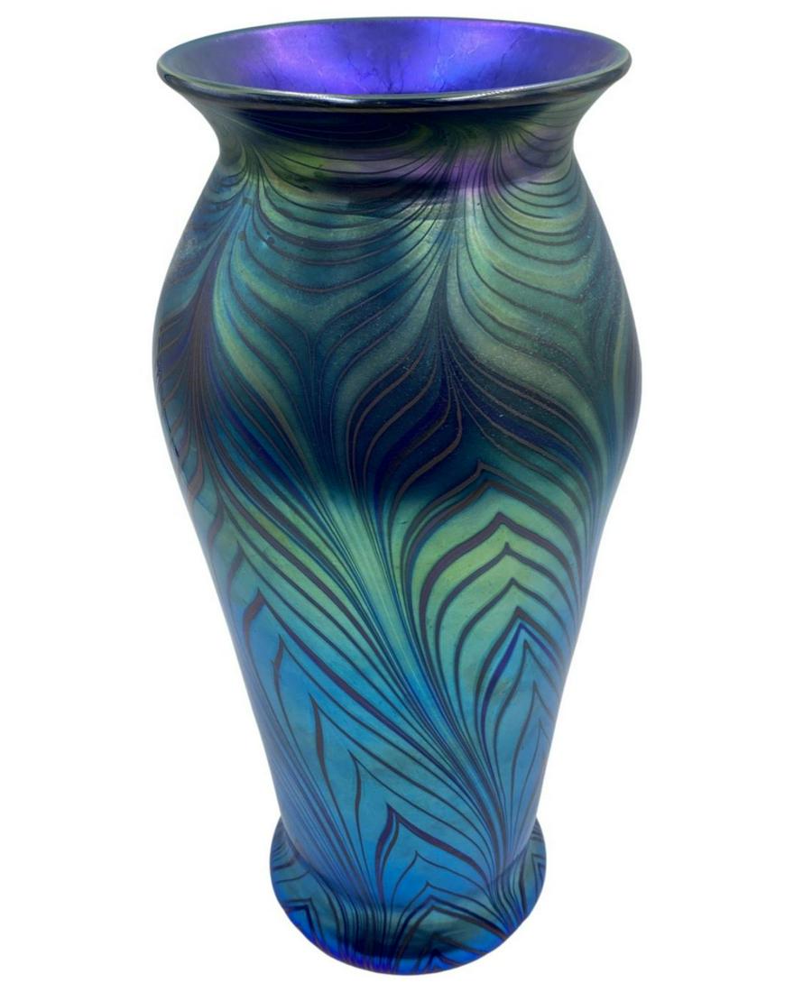 Quezal Style Pulled Feather Blue Iridescent Vase (1 of 2)