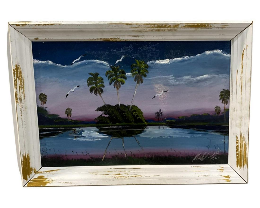 Signed Michael Love Florida Highwaymen Style Oil Painting on Board Purple Sunset (1 of 2)