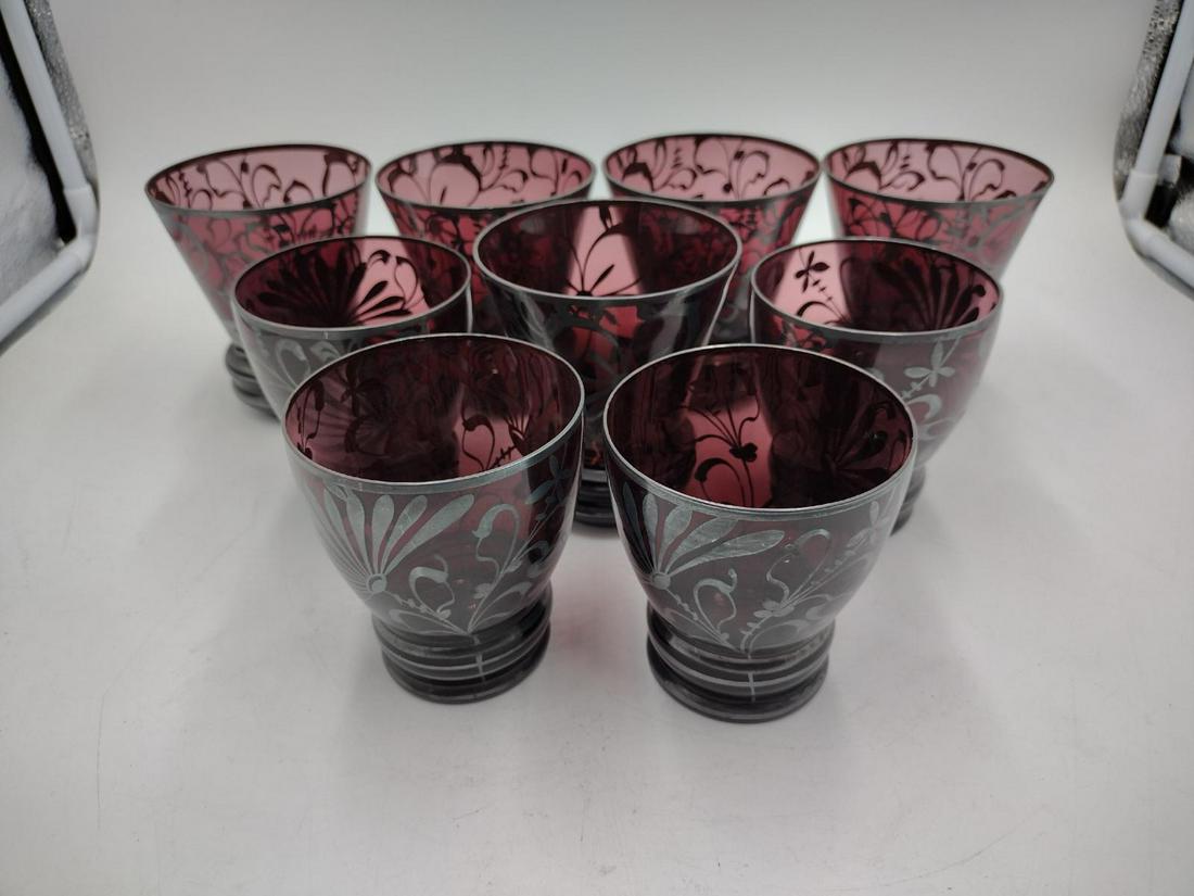 Set Of 9 Bohemian Ruby Art Glass Silver Overlay Tumblers (1 of 2)