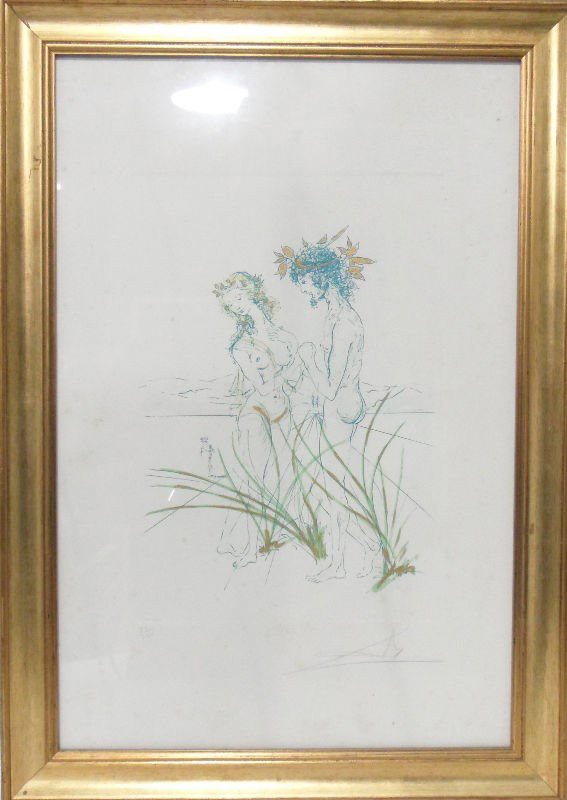 Salvador Dali Print of Adam and Eve: Salvador Dali print of Adam and Eve. The print has gold painted accents. Pencil numbered 21/250 and pencil signed. Measures 21 1/2" X 24 1/2", frame measures 1 3/4". Shipping within the continental US