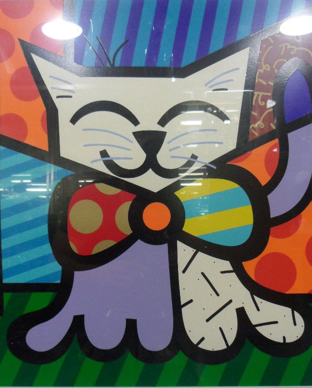 Romero Britto Serigraph: Romero Britto serigraph of a smiling cat. This wildly colorful and whimsical work is indicative of Britto's style. Signed on the lower left and numbered 117/300 on the lower right. Wentworth Gallery l