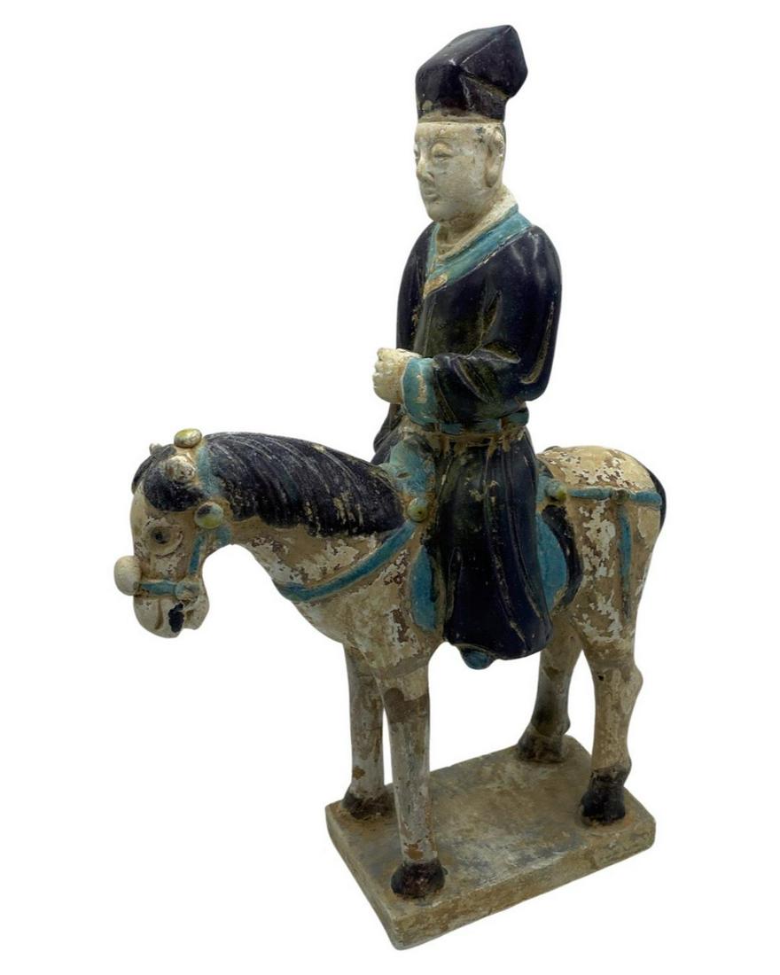 Chinese Ming Dynasty Terracotta Horse & Rider Figurine: Chinese Ming Dynasty Terracotta Horse & Rider Figurine measures H: 14"
