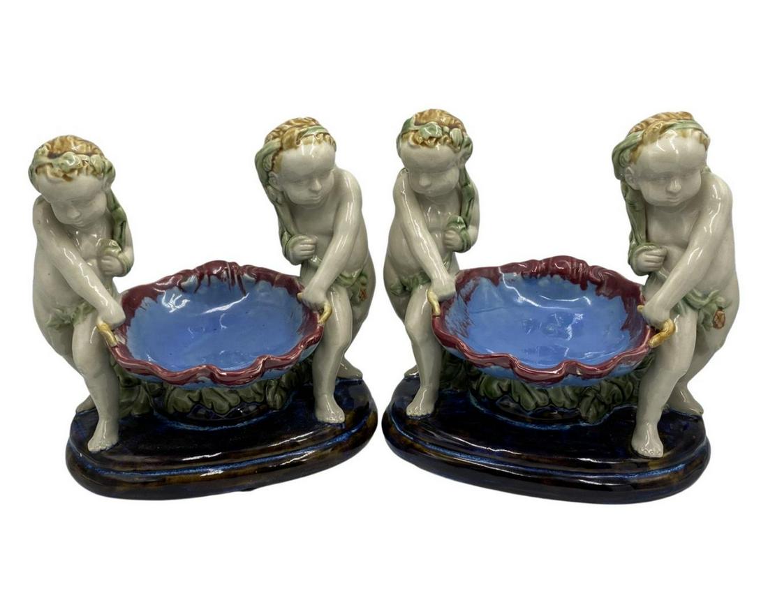 Pair of Majolica Spring & Summer Sweetmeat Serving Dish with Two Putti Carrying a Shell (1 of 1)