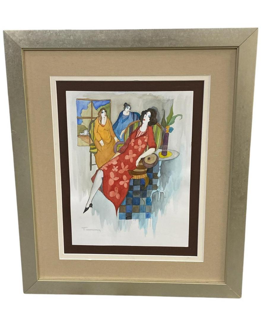 Signed Itzchak Tarkay (Israeli, 1935-2012) Watercolor on Paper Odette and Lisa 2000 (1 of 2)