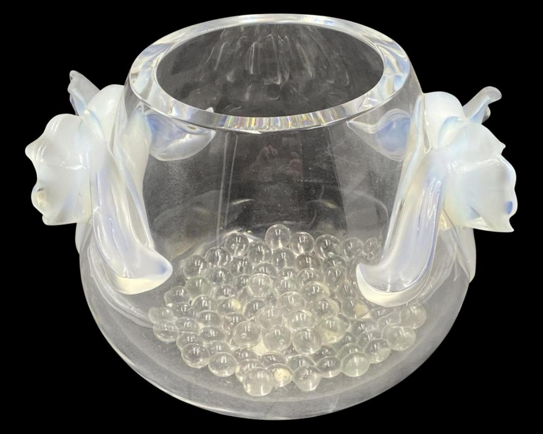 Signed Lalique France Crystal Orchider Clear Crystal Vase with Opalescent Orchids (1 of 2)
