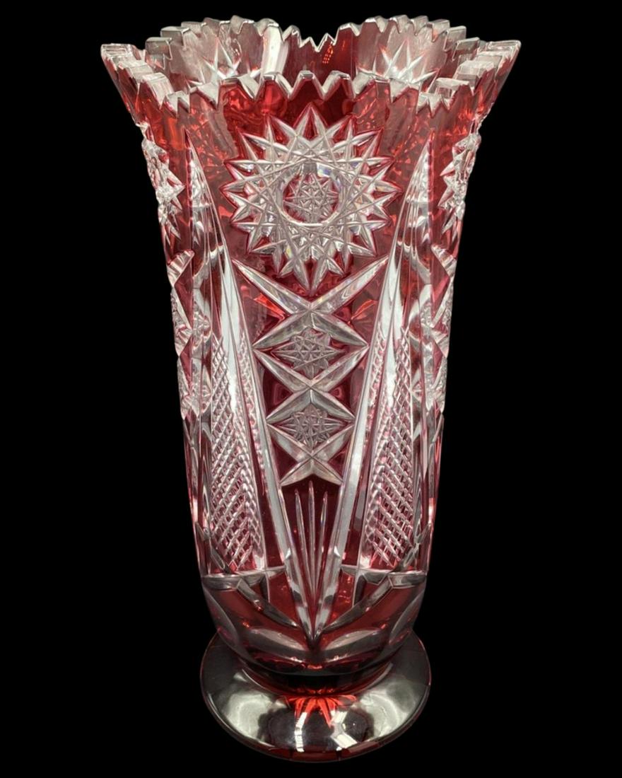Bohemian Cut to Clear Ruby Crystal Vase (1 of 1)