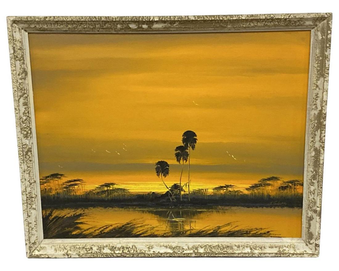 Signed James Gibson (American, 1938-2017) Florida Highwaymen Oil Painting on Board Orange Sky & (1 of 3)