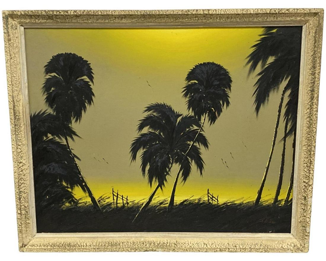 Signed James Gibson (American, 1938-2017) Florida Highwaymen Oil Painting on Board Palm Tree (1 of 3)
