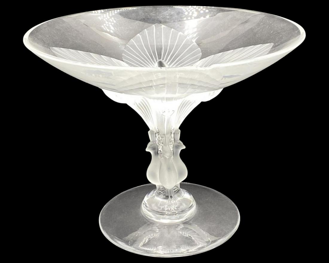 Lalique France Crystal Virginia Footed Bowl Compote with Four Frosted Glass Peacocks Surrounding (1 of 2)
